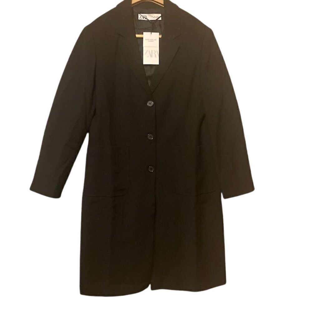 Zara Women's Black Water Repellent Long Overcoat Size L Casual Tailored